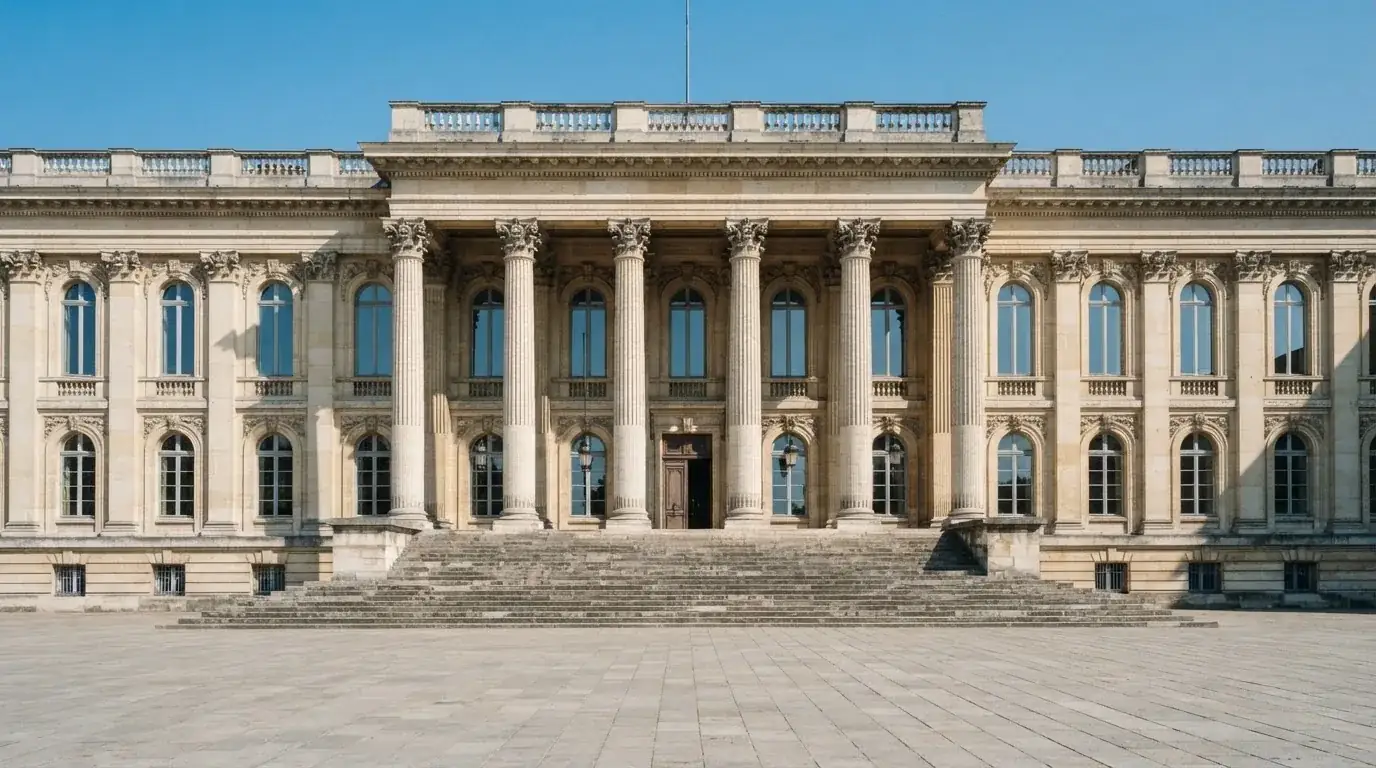Fachada de un edificio institucional con columnas de piedra bajo un cielo azul despejado, sin ninguna persona visible.