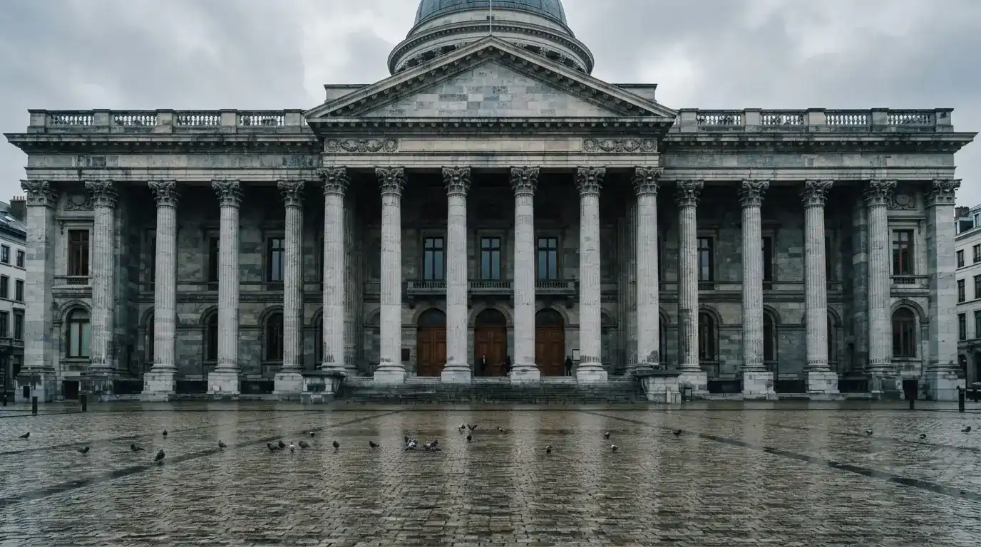 Fachada de un edificio institucional con grandes columnas y una plaza empedrada al frente, bajo un cielo nublado.