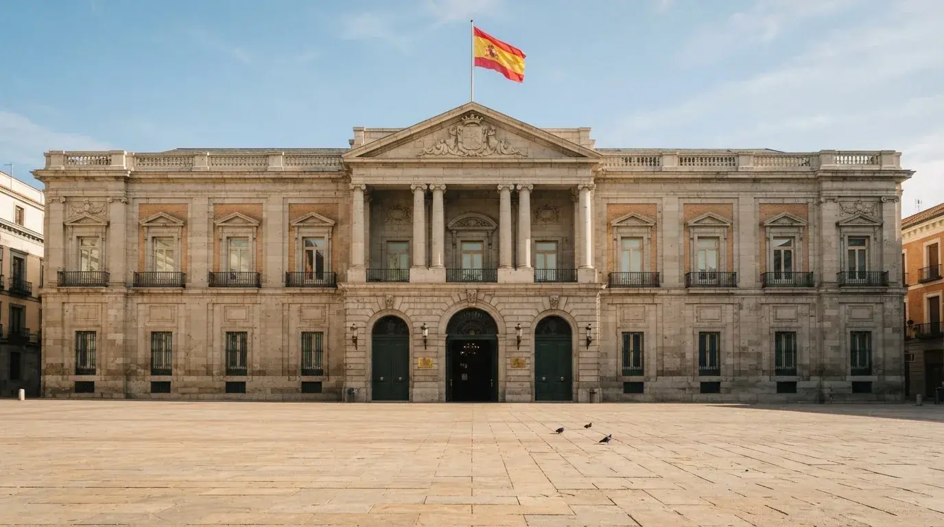 Fachada clásica de un edificio administrativo con una bandera ondeando y una plaza vacía al frente.