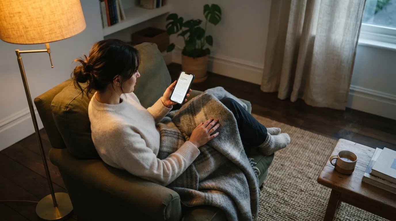 Persona sentada en un sillón cómodo consultando un teléfono móvil con una manta sobre las piernas en una sala tranquila.