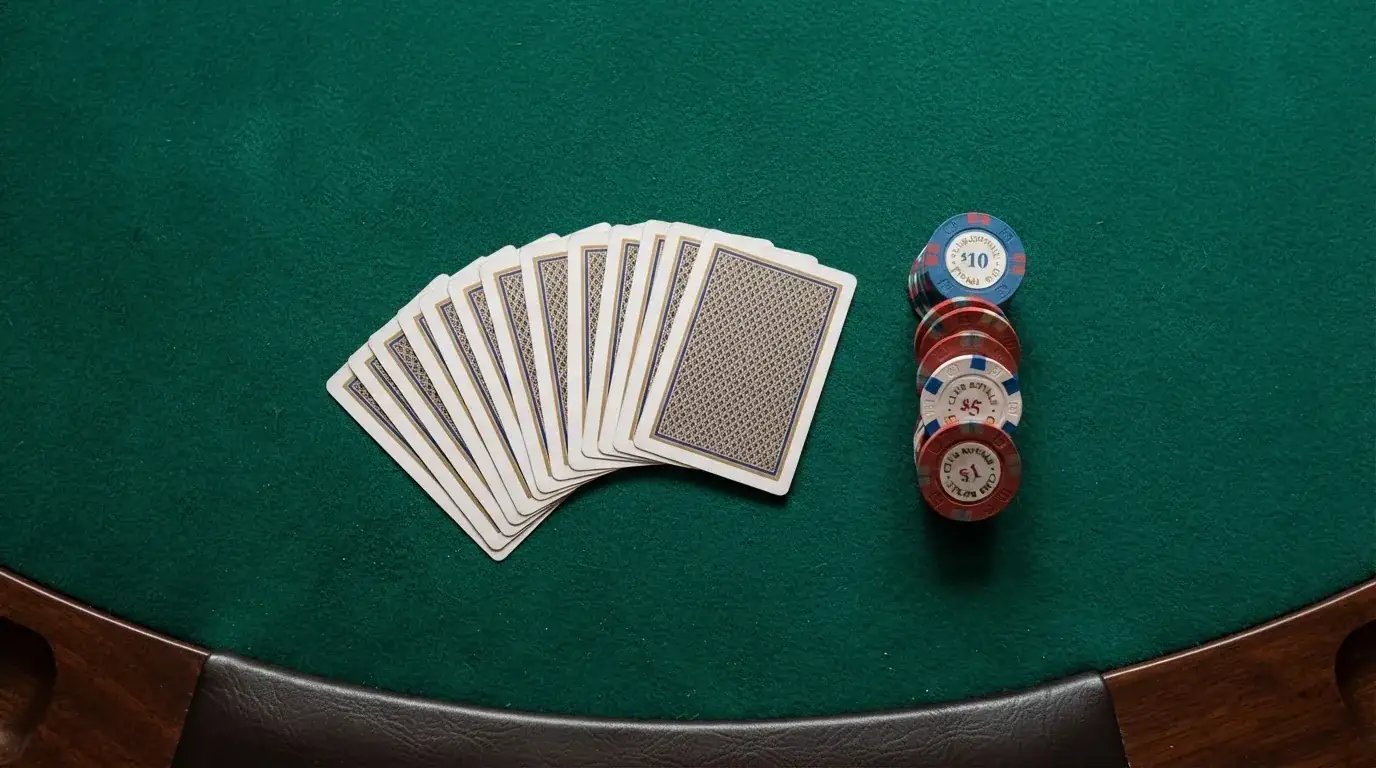 Vista cenital de una baraja de cartas y fichas de casino apiladas sobre una mesa de fieltro verde.