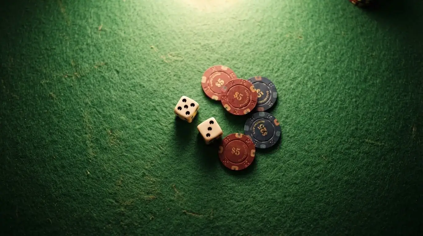 Vista cenital de fichas de casino y dados sobre una mesa de fieltro verde bajo luz suave.