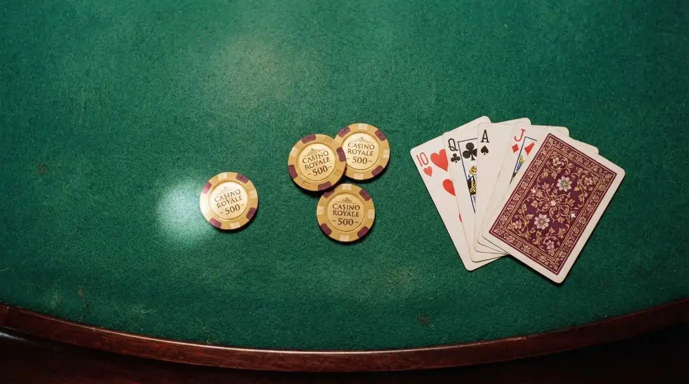 Vista cenital de fichas doradas y una baraja de cartas sobre una mesa de fieltro verde.