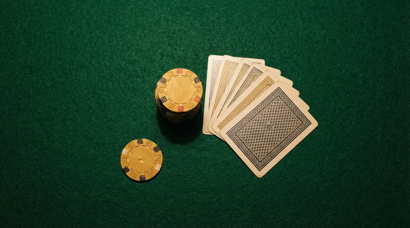 Vista cenital de fichas doradas y una baraja de cartas sobre una mesa de fieltro verde.