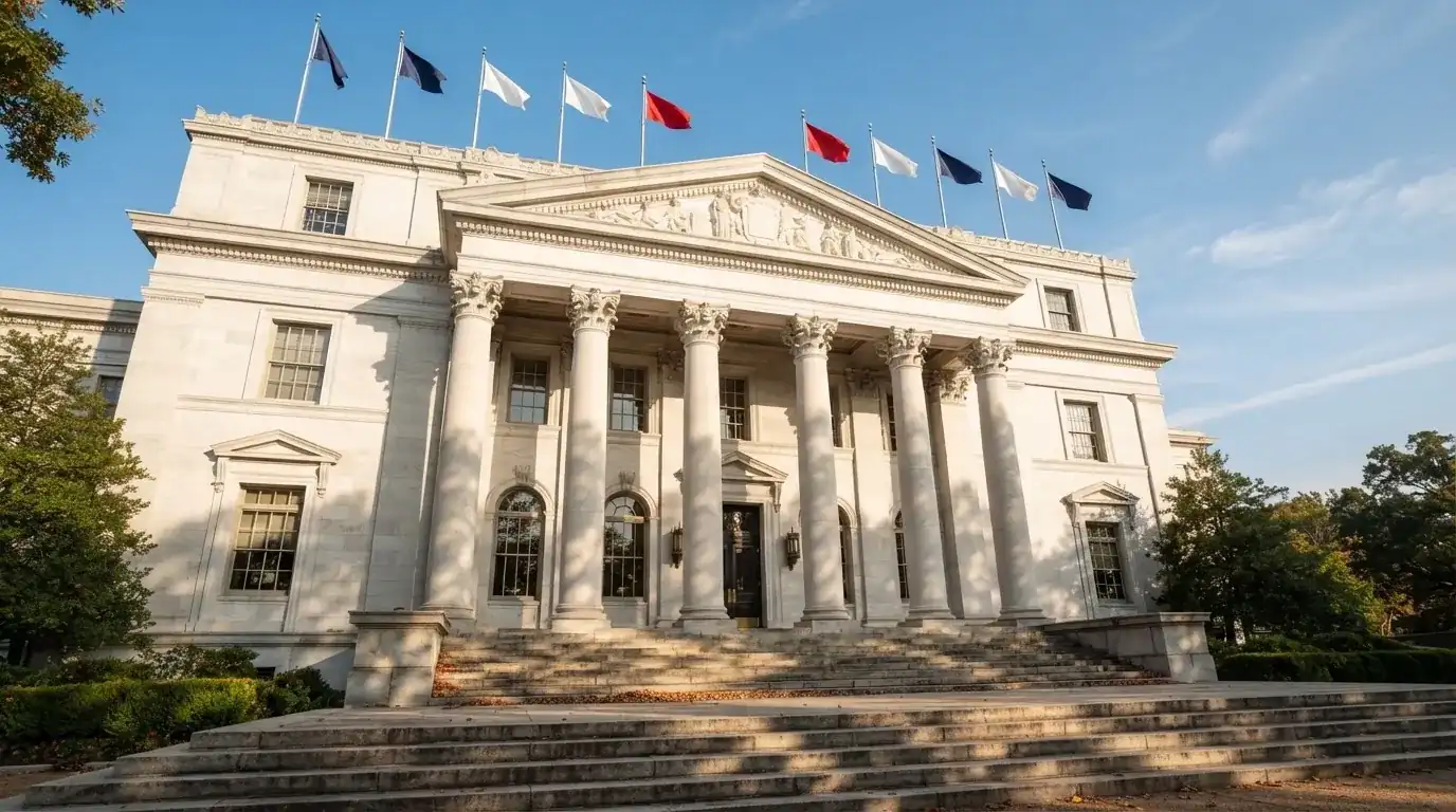Fachada de un edificio institucional con columnas y banderas ondeando bajo un cielo despejado.