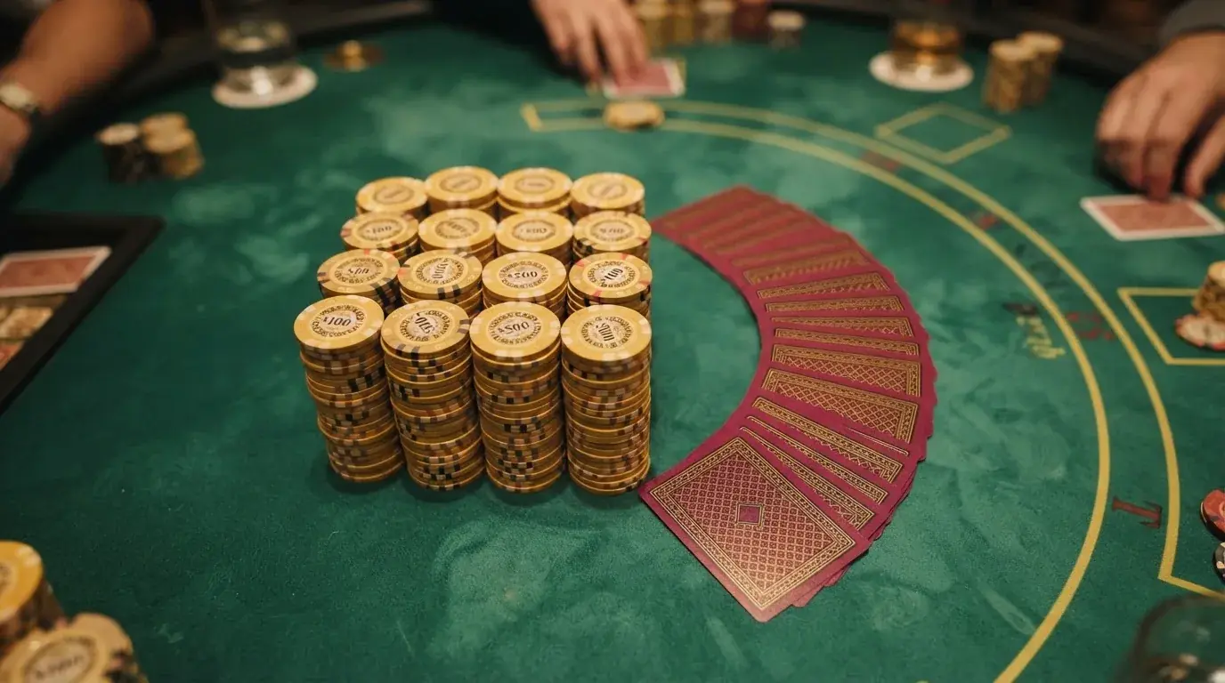Vista cenital de fichas doradas y una baraja de cartas sobre una mesa de fieltro verde.