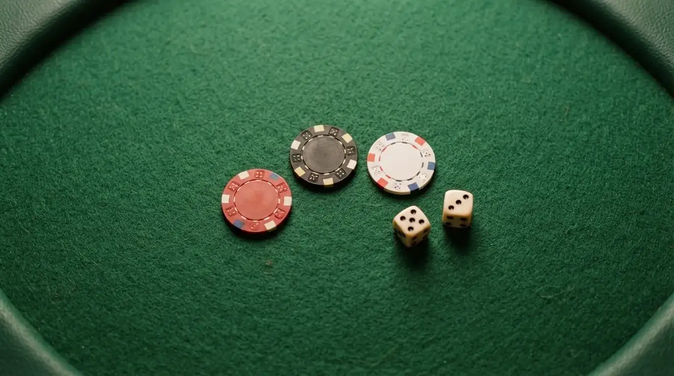 Vista cenital de fichas de casino y dados sobre una mesa de fieltro verde bajo luz suave.