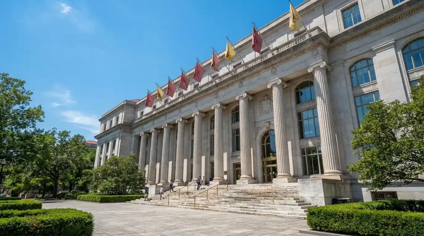 Fachada de un edificio institucional con banderas ondeando bajo un cielo despejado.