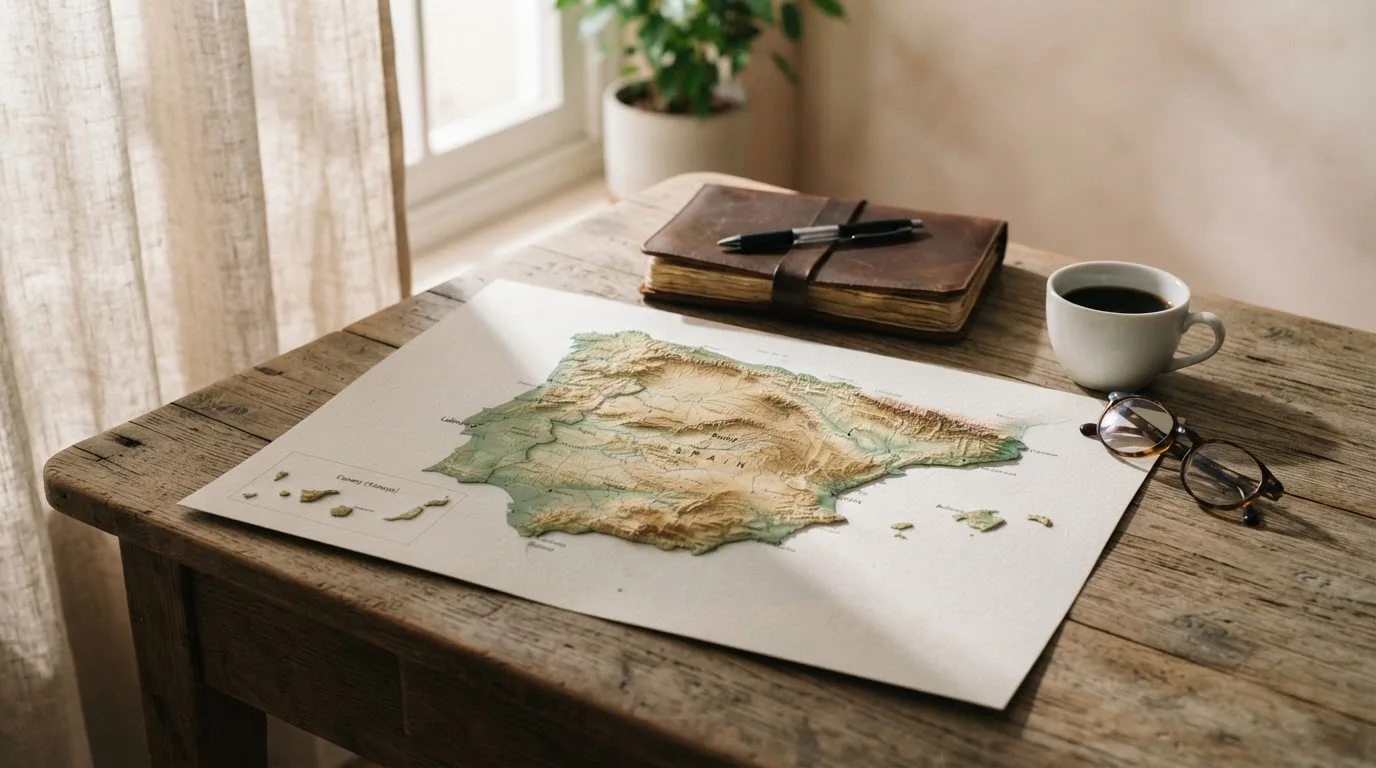 Un mapa físico de España sobre una mesa de madera junto a una taza de café y unas gafas, con luz natural entrando por una ventana.