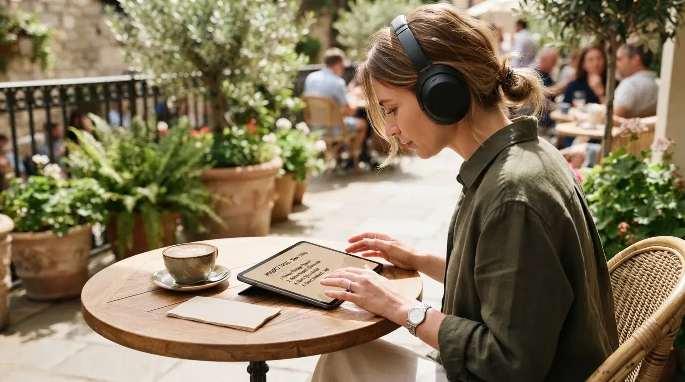 Una persona con auriculares revisa una lista en una tableta apoyada sobre una mesa de café en una terraza soleada.