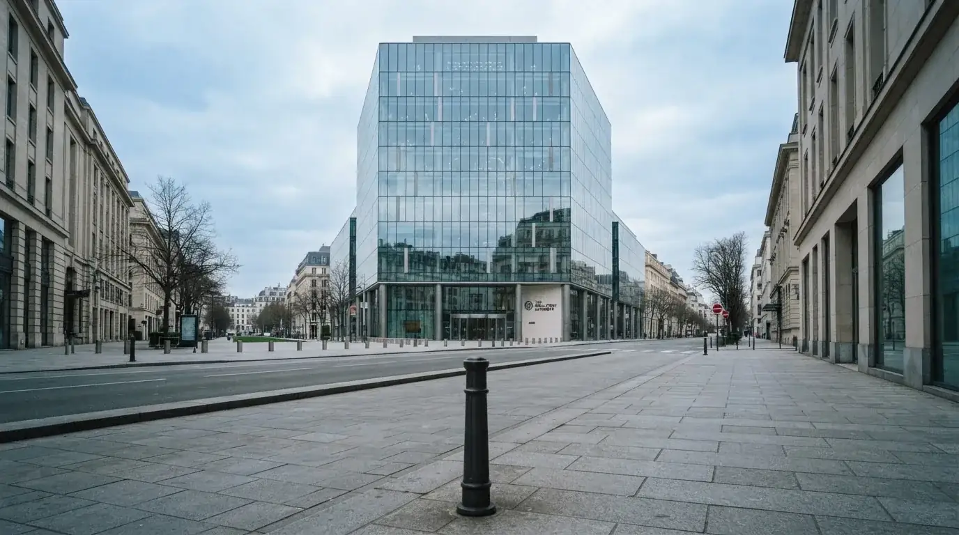 Un edificio de oficinas con fachada de cristal reflejando el cielo, fotografiado desde la acera de una calle ancha.