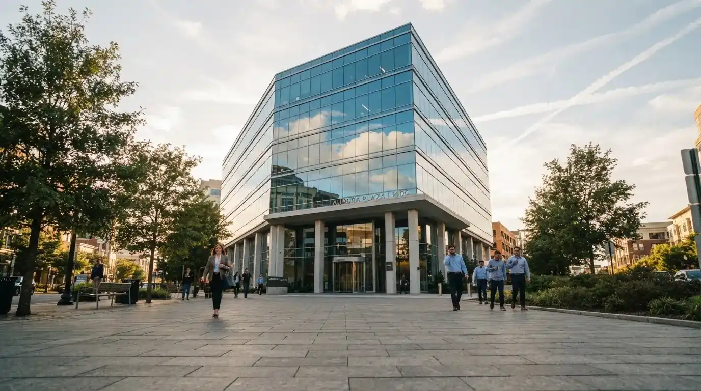 Un edificio de oficinas con fachada de cristal reflejando nubes, fotografiado desde una acera ancha por la tarde.