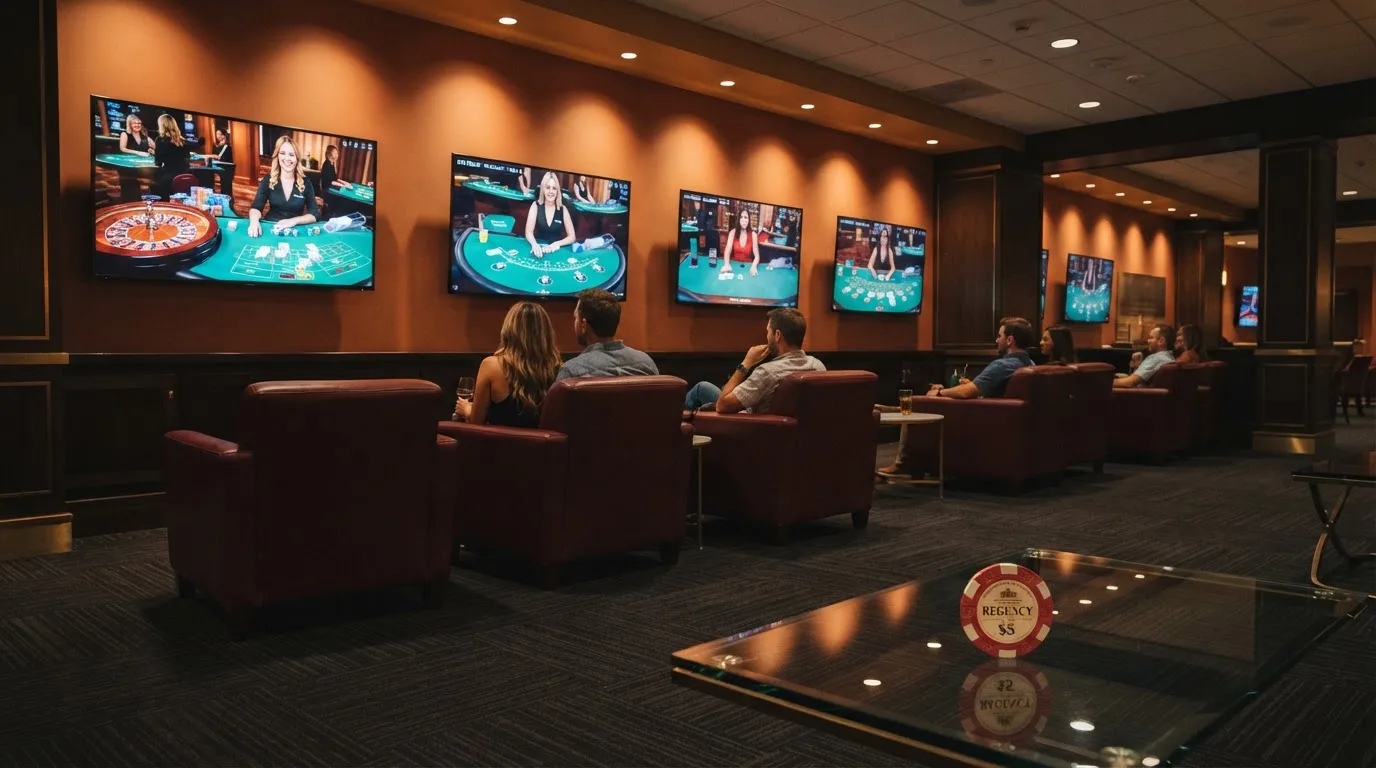 Fotografía de un salón de casino moderno con pantallas de transmisión en directo y sillones cómodos, ambiente cálido y profesional.