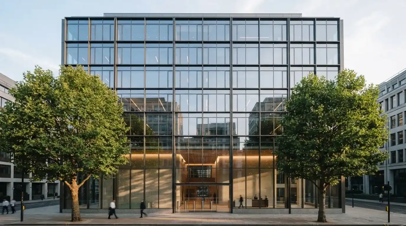Fotografía de un edificio de oficinas corporativas con fachada de cristal, simbolizando la regulación y la supervisión del sector del juego.