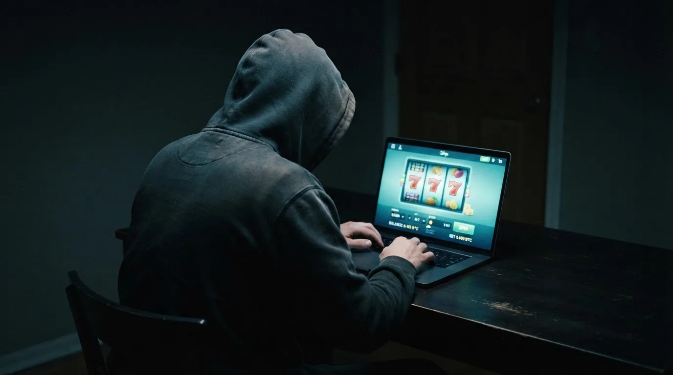 Fotografía de una persona con capucha usando un portátil en una habitación oscura, transmitiendo la idea de anonimato en línea.