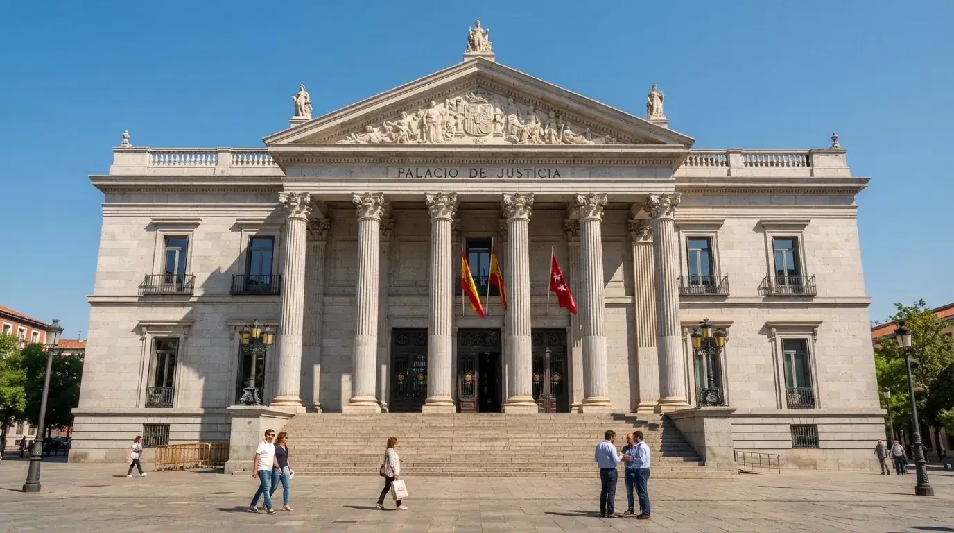Fotografía de la fachada de un edificio institucional español con columnas clásicas bajo un cielo despejado.