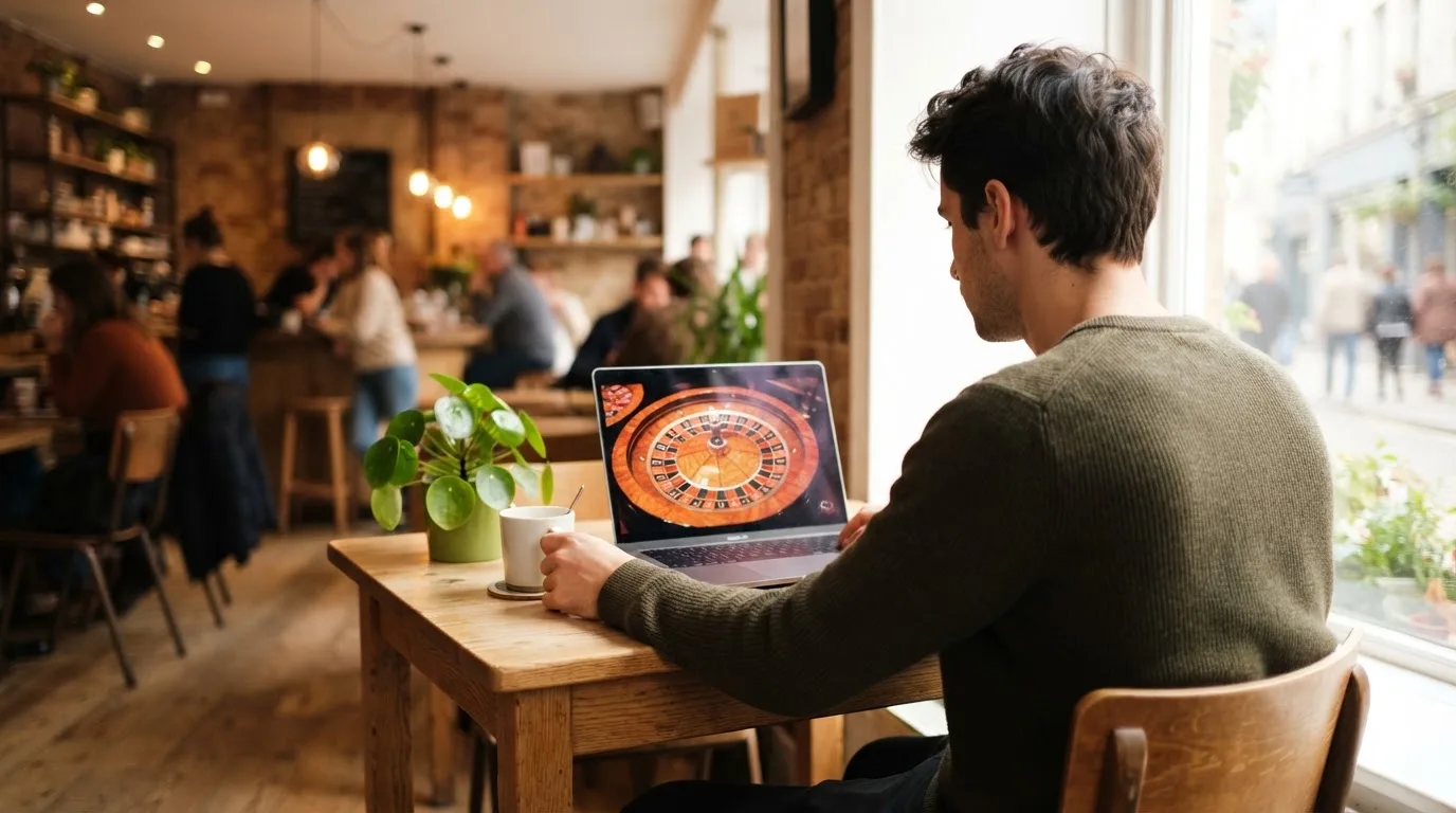 Un hombre joven trabaja en un ordenador portátil sentado en la mesa de una cafetería luminosa, con una planta cerca.
