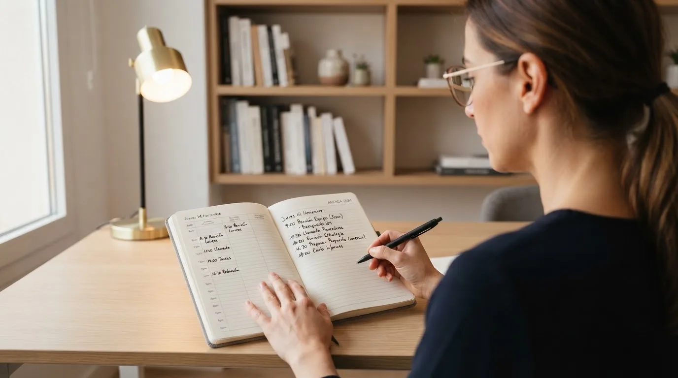 Una mujer con gafas revisa su agenda en un escritorio de oficina moderna con estanterías al fondo.