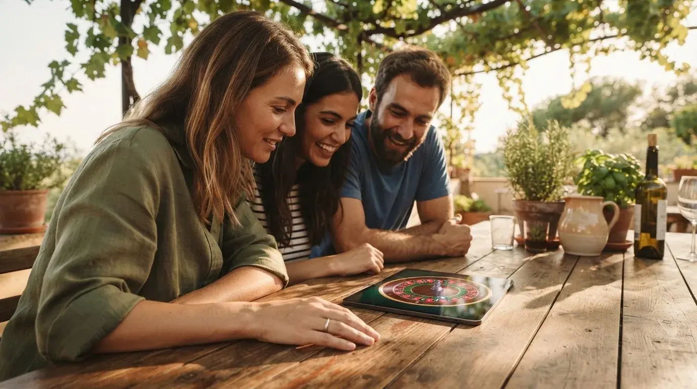 Un grupo de amigos revisa algo en una tableta sobre una mesa de madera en una terraza al aire libre.