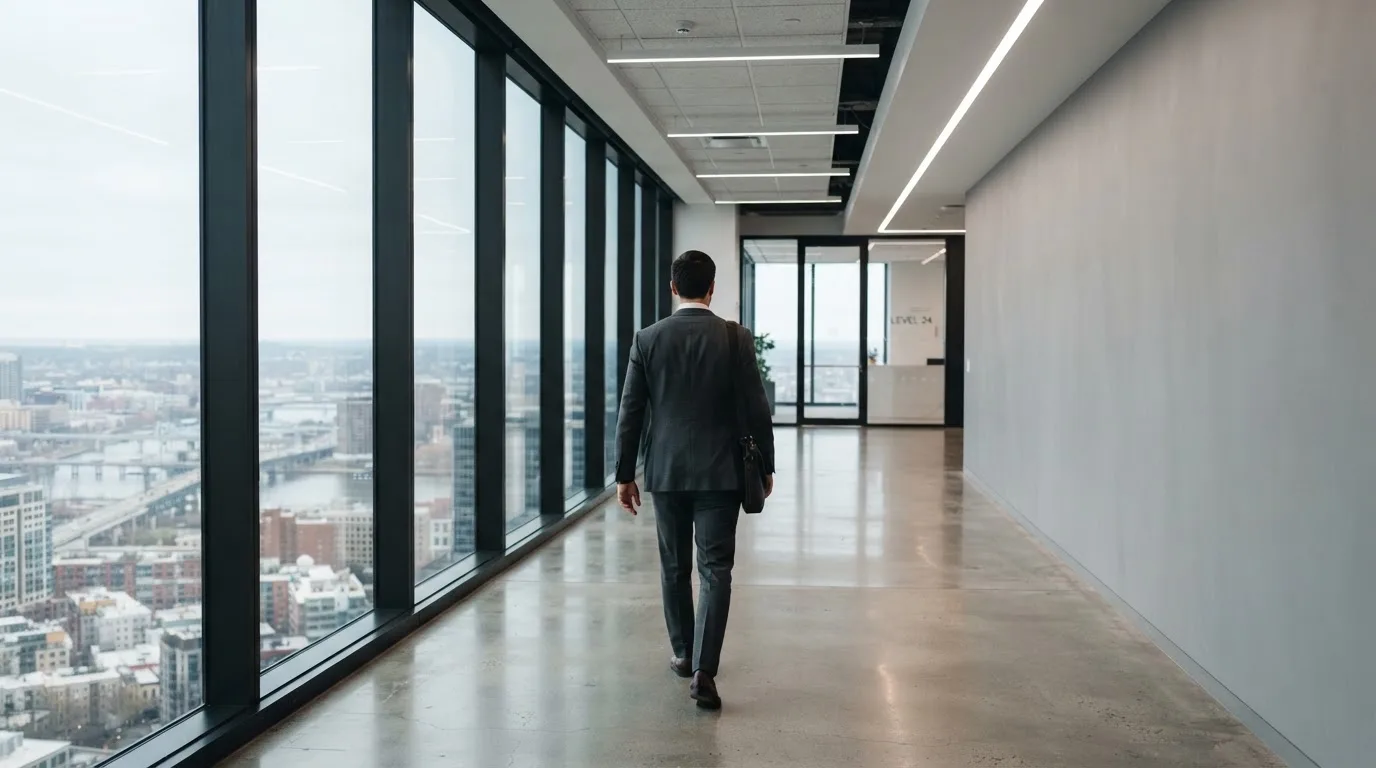 Un hombre con traje camina por el pasillo de un edificio de oficinas moderno con grandes ventanales.