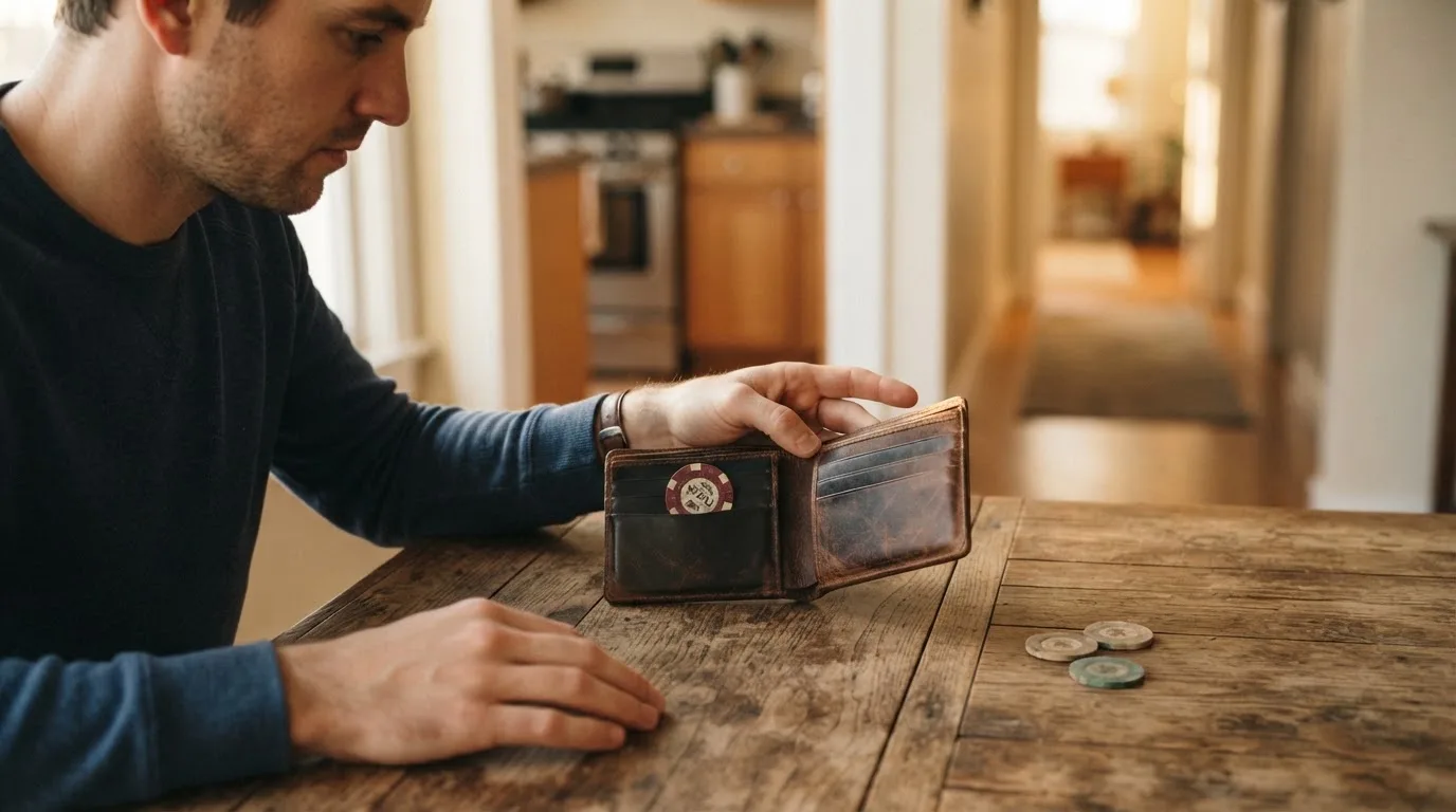 Un hombre revisa su cartera con tarjetas y monedas sobre una mesa de madera en casa.