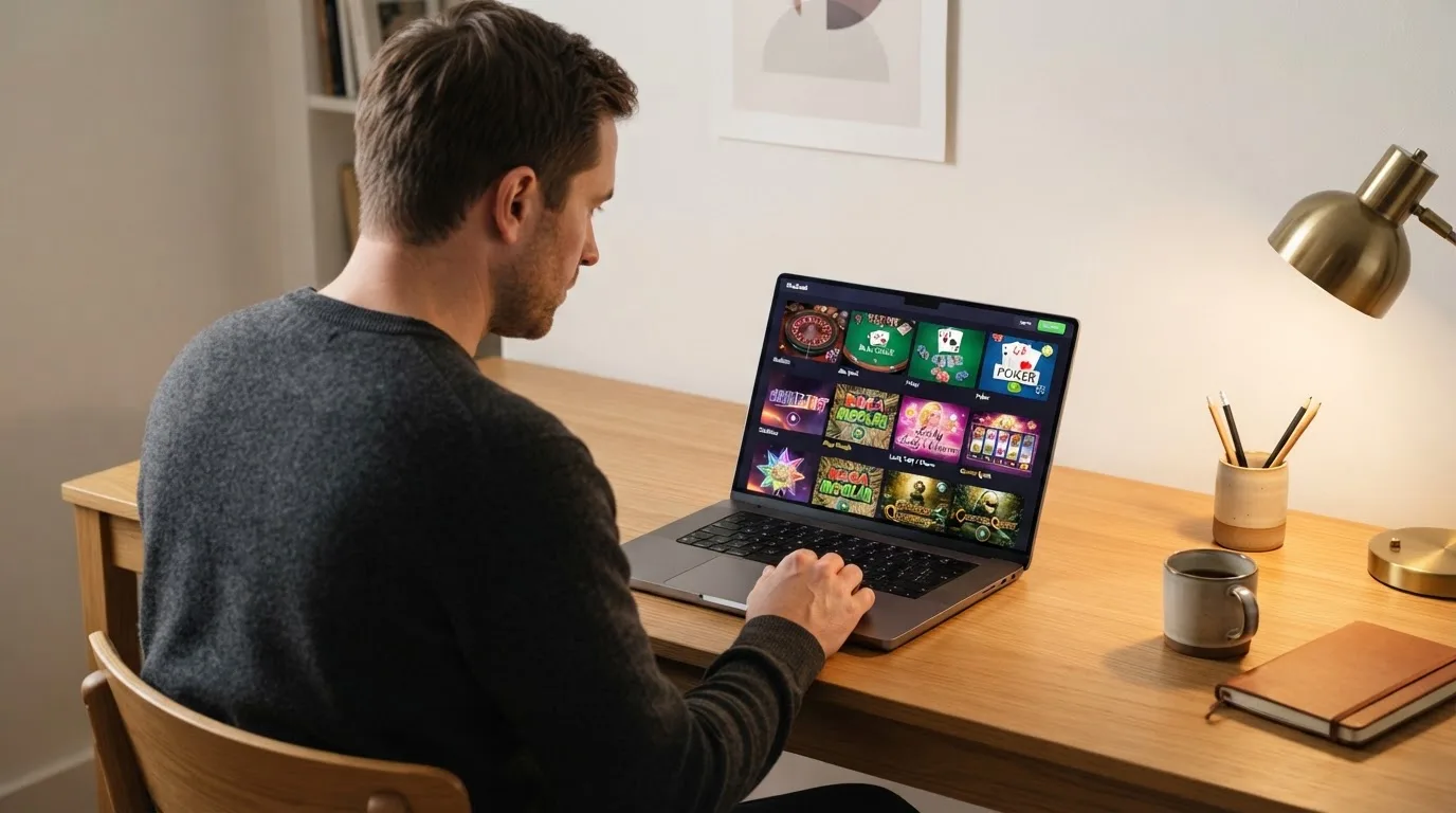 Un hombre explora distintos juegos gratuitos de casino en la pantalla de su ordenador portátil, sentado en su escritorio.