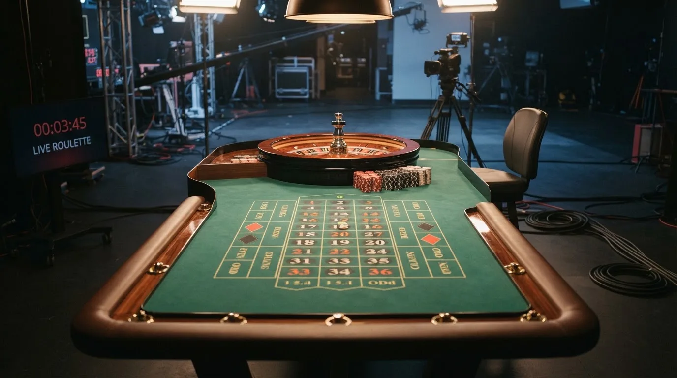 Una mesa de ruleta en vivo vacía momentos antes de empezar la retransmisión, con luces de estudio profesional encendidas.