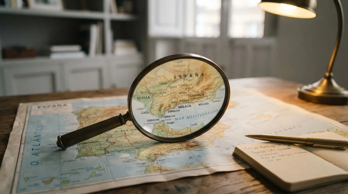 Una lupa sobre un mapa de España iluminado en un escritorio de oficina, con una ventana al fondo desenfocada.