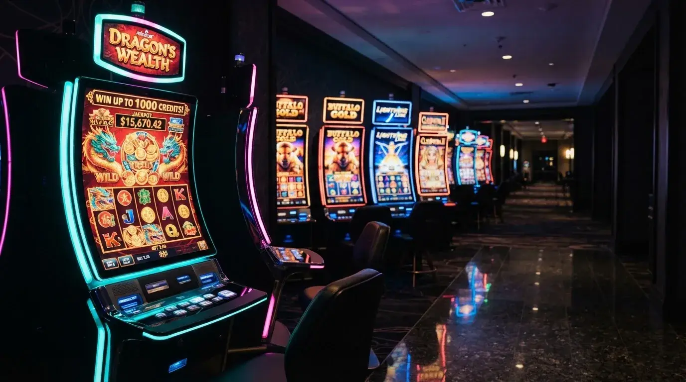 Una hilera de máquinas tragaperras modernas con luces de colores encendidas, fotografiada en un pasillo de casino vacío.