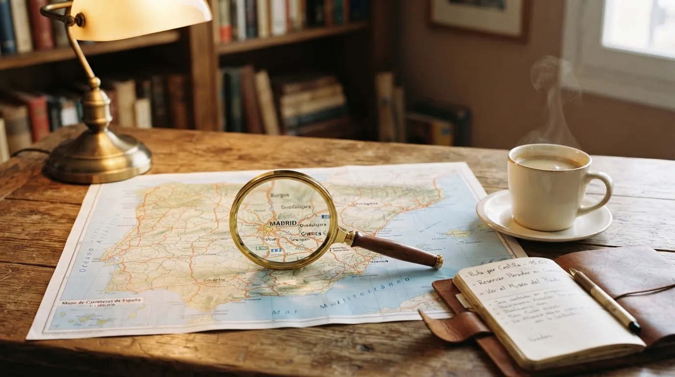 Una lupa sobre un mapa de España colocado en un escritorio de madera junto a una taza de café humeante.