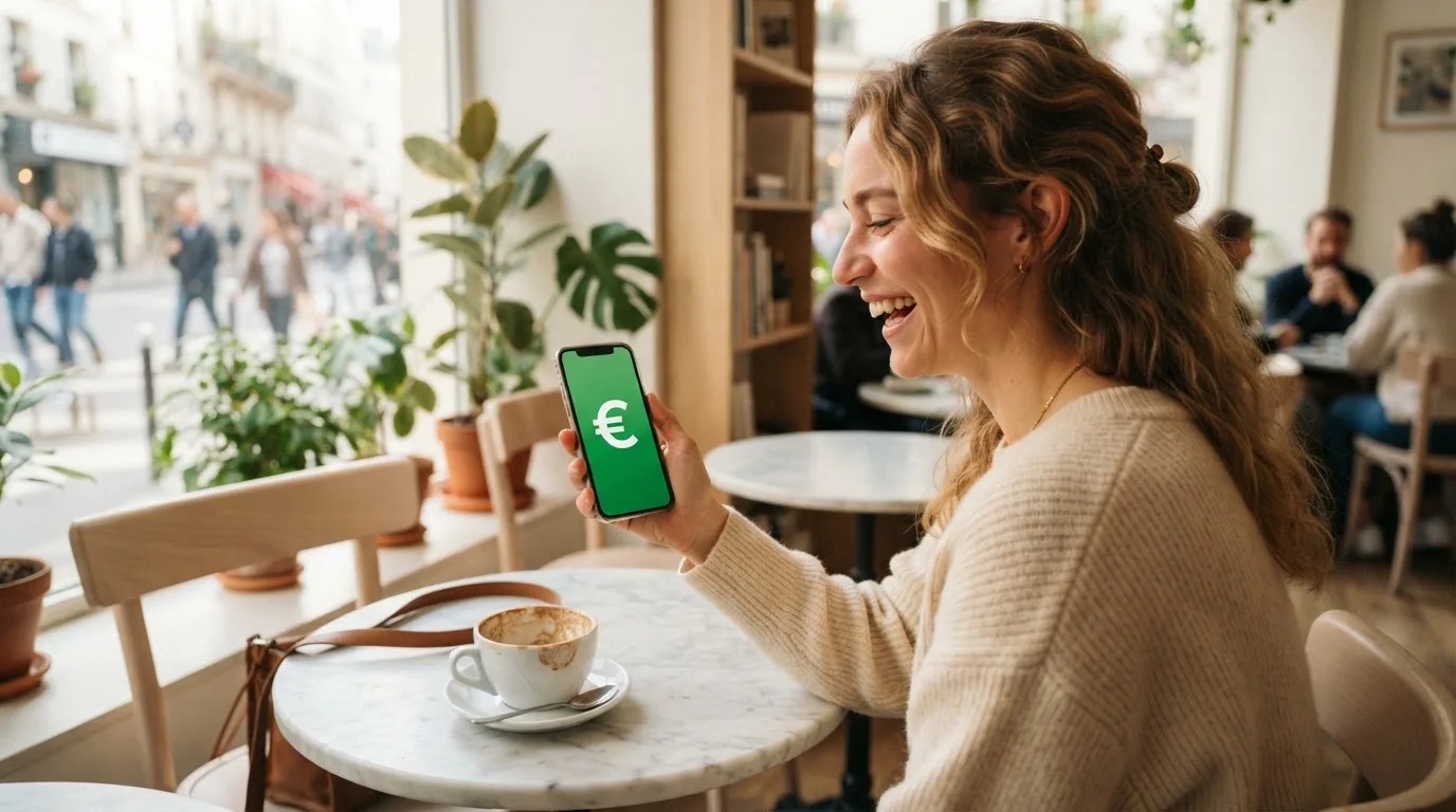 Una mujer sonríe sorprendida mirando su teléfono móvil sentada en una cafetería luminosa.