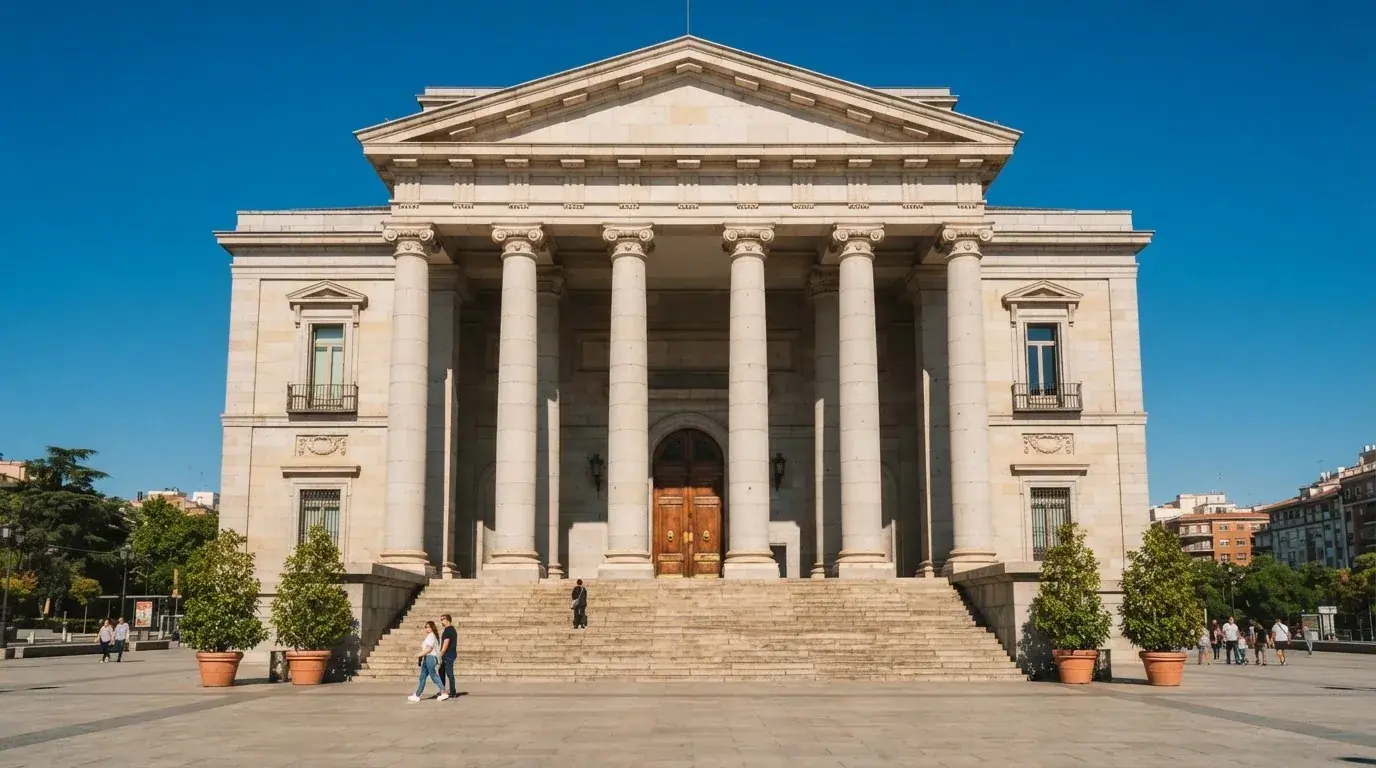 Fachada de un edificio institucional español con columnas de piedra bajo un cielo azul despejado.