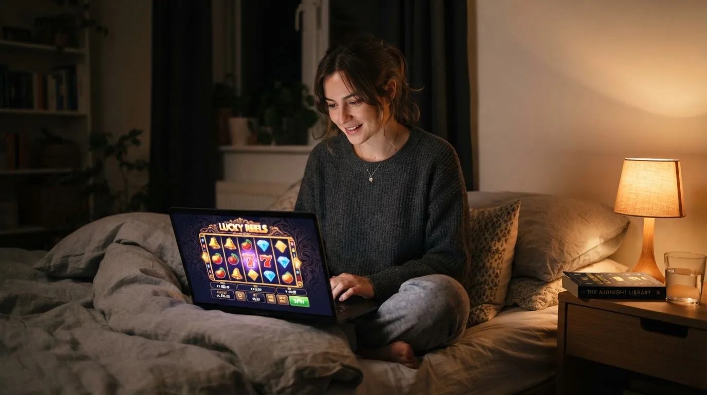 Una mujer joven explora distintos juegos en su ordenador portátil desde su habitación por la noche.